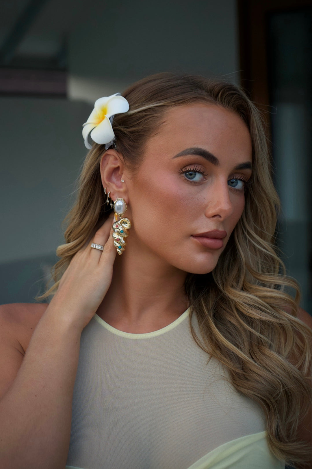 Gold and pearl drop down shell earrings