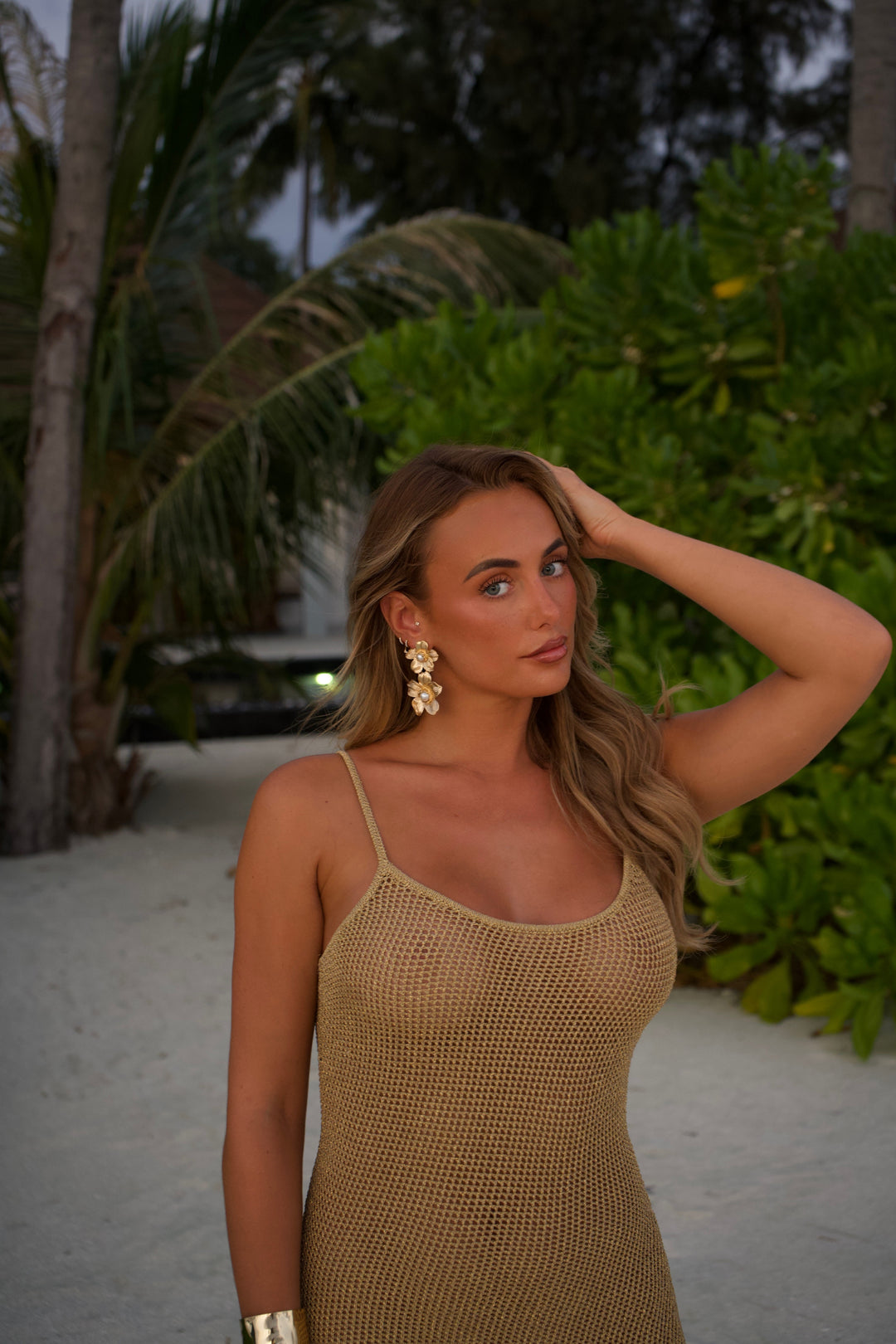 Gold flower drop down earrings