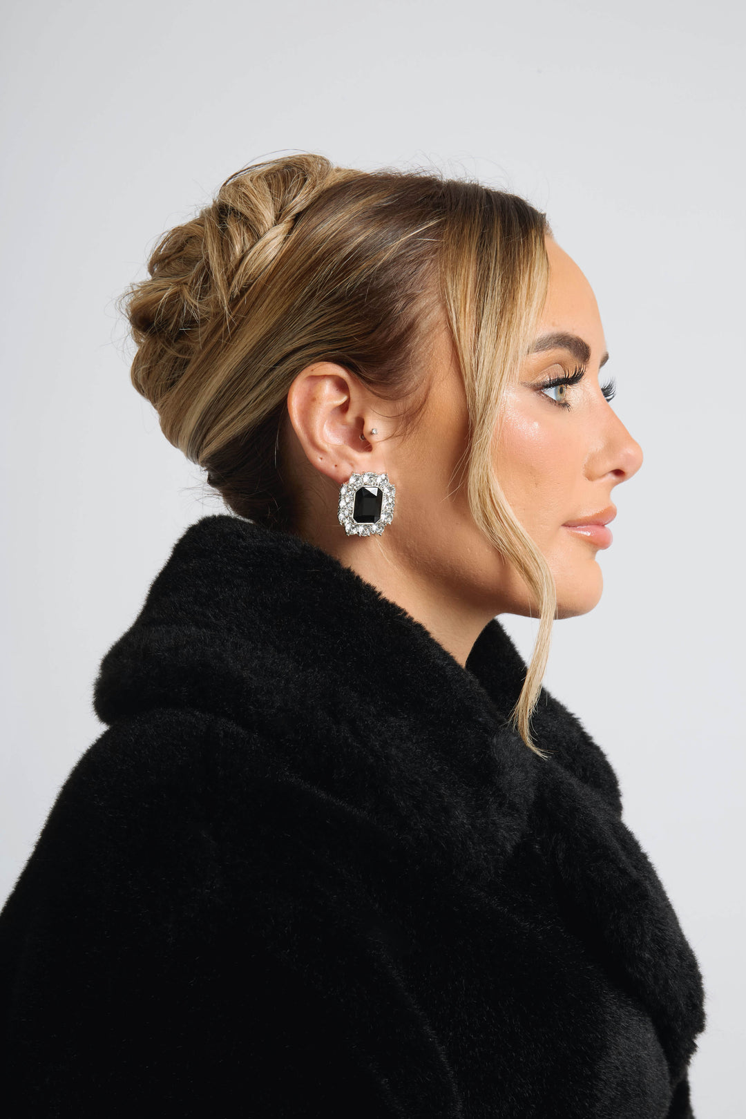 Black gem stone square oversized stud earrings