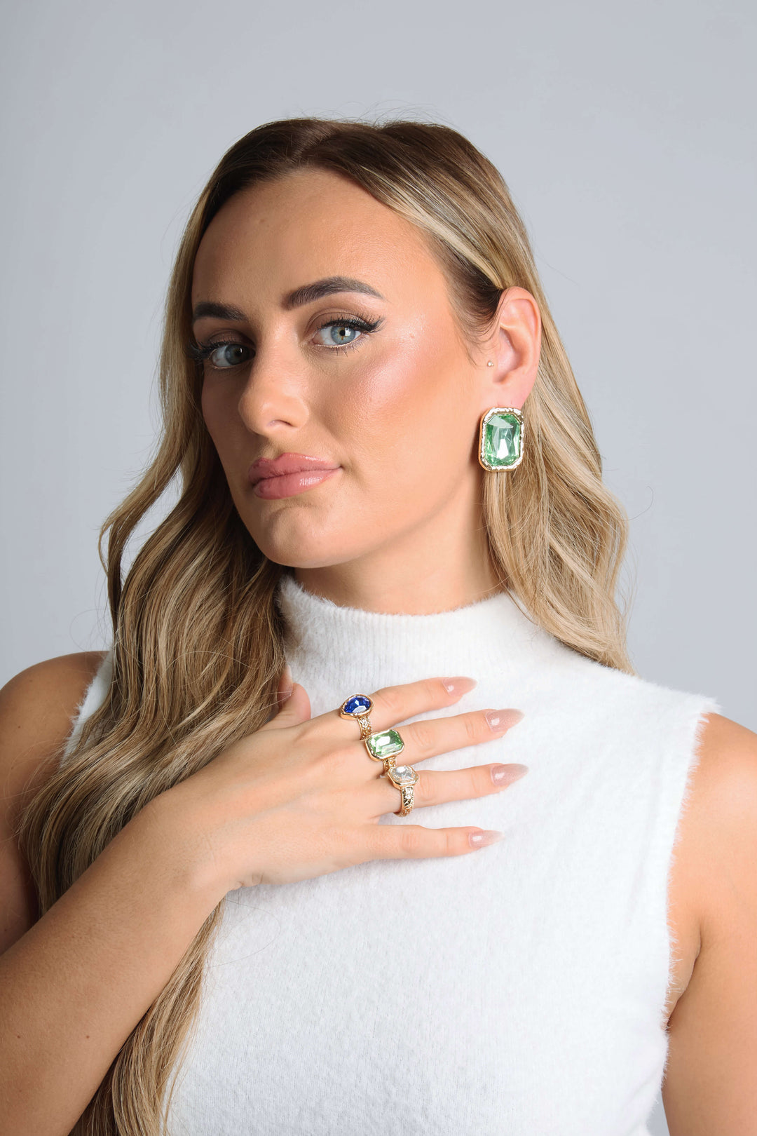 Green gem stone square oversized stud earrings